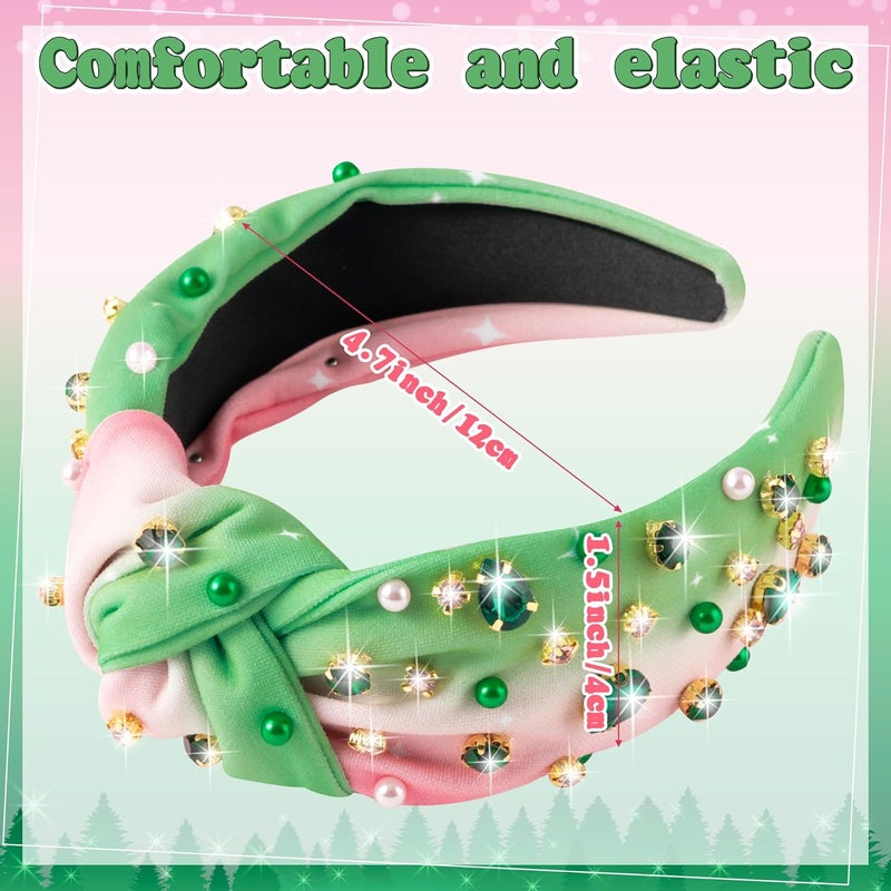 PANTIDE Witch Musical Jeweled Knotted Headband - Witch Musical Fans Gift Pearl Crystal Embellished Headband Wide Top Knot Fashion Pink Hairband Accessories Birthday for Women Girls (Green Rhinestone) - Image 2